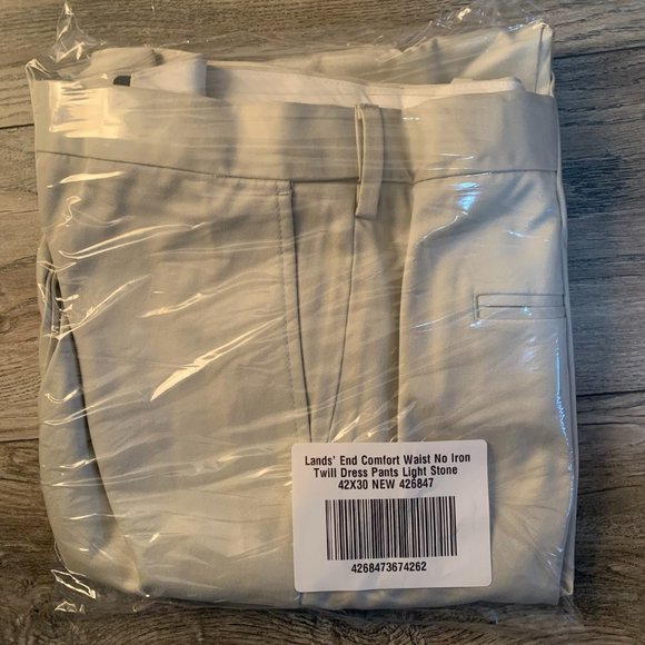 NWT LANDS' END COMFORT WAIST NO IRON TWILL DRESS PANTS LIGHT STONE 42X30 - Picture 3 of 5